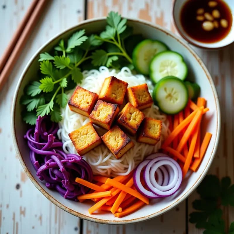 Plato de Bun Cha Hanoi vegano con tofu dorado y crujiente en airfryer, fideos de arroz blancos, hierbas frescas de menta y cilantro, lechuga morada, zanahoria rallada y cebolla morada, acompañado de salsa nuoc cham en un bol pequeño. Vista cenital con colores vibrantes.