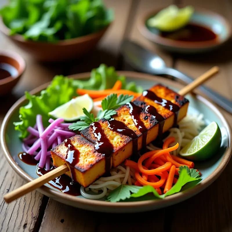 Plato vietnamita Bun Cha vegano con tofu marinado al grill, vermicelli de arroz integral, hierbas frescas y salsa nuoc cham, servido sobre hoja de lechuga y acompañado de zanahoria juliana y pepino.