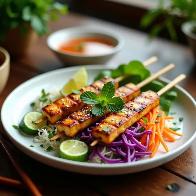 Plato vietnamita bun cha vegano con brochetas de tofu dorado a la parrilla, fideos de arroz blancos, hierbas frescas como menta y cilantro, verduras crudas en juliana y salsa nuoc cham en un bol aparte. Presentación colorida y apetecible sobre fondo rústico.