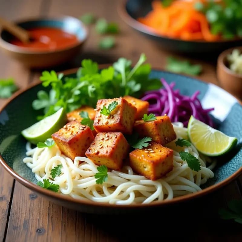 Plato colorido de Bun Cha vegano con tofu dorado crujiente, fideos de arroz blancos, hierbas frescas verdes y salsa dulce y ácida brillante, receta vietnamita auténtica.