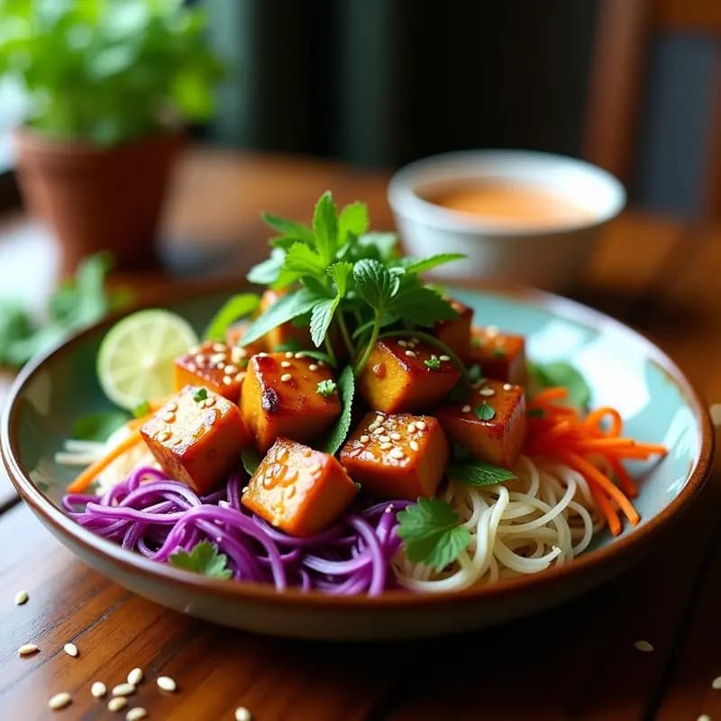 Plato tradicional vietnamita Bun Cha con tofu marinado dorado en sartén, fideos de arroz blancos, hierbas frescas como menta y cilantro, zanahoria rallada y salsa nuoc cham. Receta vegana sin carne.