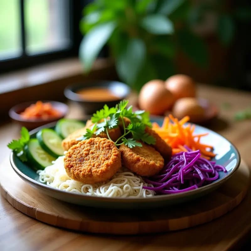Bun Cha vietnamita vegana con proteína de soja texturizada crujiente, vermicelli de arroz, cebolla morada, zanahoria rallada y hierbas frescas, servida en un bowl de cerámica blanca sobre fondo rústico.