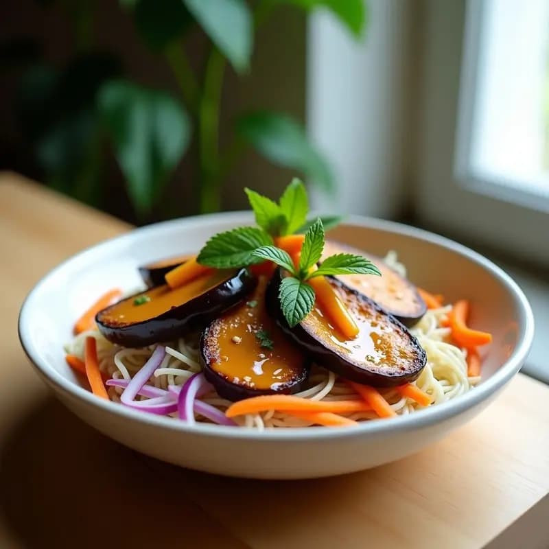Plato hondo de cerámica blanca con Bun Cha Vegano de Berenjena: fideos de arroz, rodajas de berenjena asada dorada, juliana de zanahoria y cebolla morada, bañado en salsa cremosa de tamarindo y anacardos, decorado con hojas de menta y cilantro fresco.