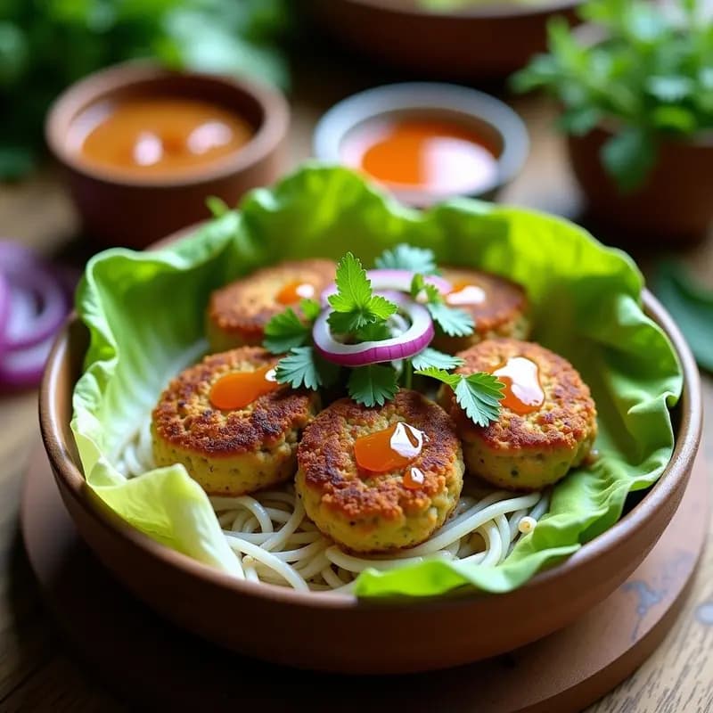 Plato de Bun Cha Vegano con hamburguesas doradas de champiñones portobello y shiitake, vermicelli de arroz, hierbas vietnamitas frescas (cilantro, menta y perilla) y salsa nuoc cham en un cuenco de cerámica blanca sobre fondo de madera rústica.