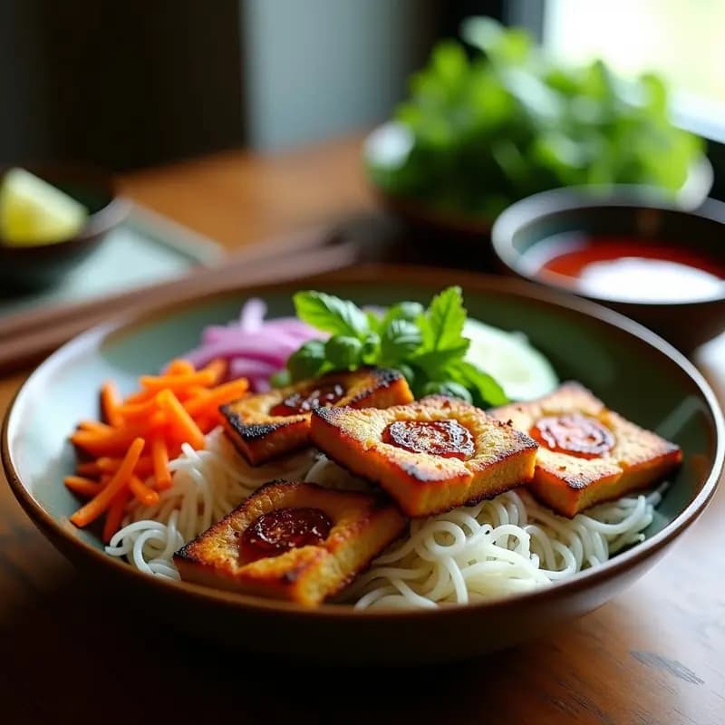 Plato colorido de Bun Cha vegano con seitán dorado a la parrilla, fideos de arroz blancos, hierbas frescas verdes, zanahoria naranja en juliana y cebolla morada. Incluye un bol pequeño con salsa nuoc cham y rodajas de pepino. Receta vietnamita vegana y picante.