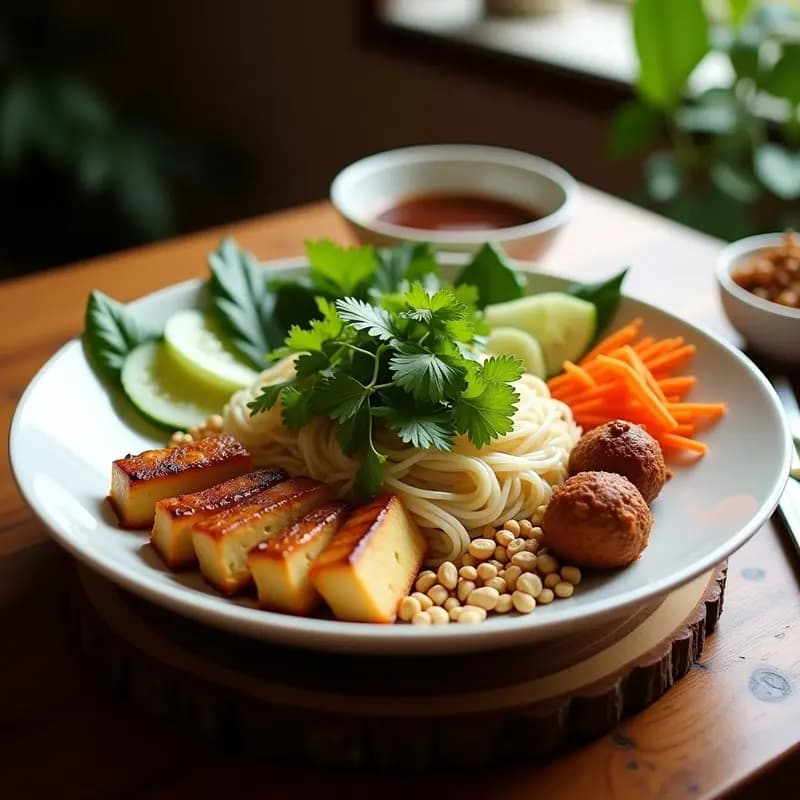 Plato de Bun Cha Vegano con Since de Tofu al estilo Hanoi, con fideos de arroz, tofu asado en tiras doradas, hierbas frescas de menta y cilantro, zanahoria juliana y salsa nuoc cham brillante, servido en bol hondo de cerámica blanca sobre fondo rústico.