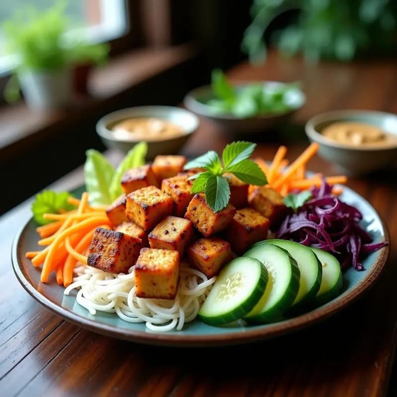 Plato de Bun Cha Vegano con Tofo Marinado en Airfryer: fideos de arroz blancos, tofo dorado y crujiente, zanahoria en juliana, pepino en rodajas, lechuga morada y hierbas frescas como menta y cilantro. Salsa cremosa de cacahuete al lado, sobre fondo rústico de madera.