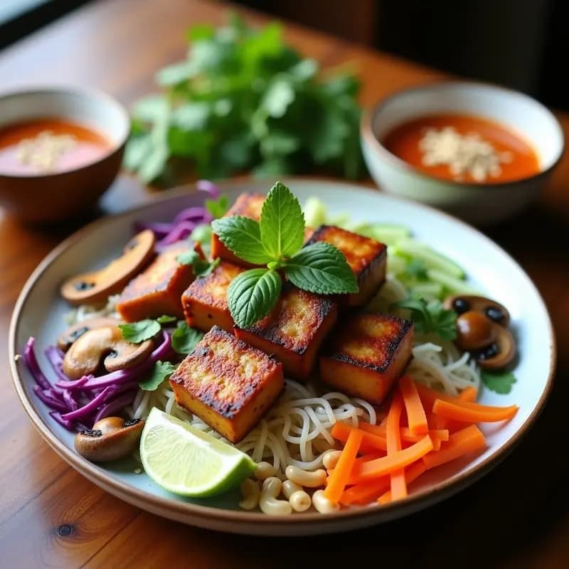 Plato tradicional vietnamita de Bun Cha vegano con tofu ahumado y hongos ostra asados en barbacoa, servido sobre fideos de arroz vermicelli, acompañados de hierbas frescas como menta y cilantro, lechuga morada y anacardos tostados, con salsa nuoc cham en un recipiente aparte.