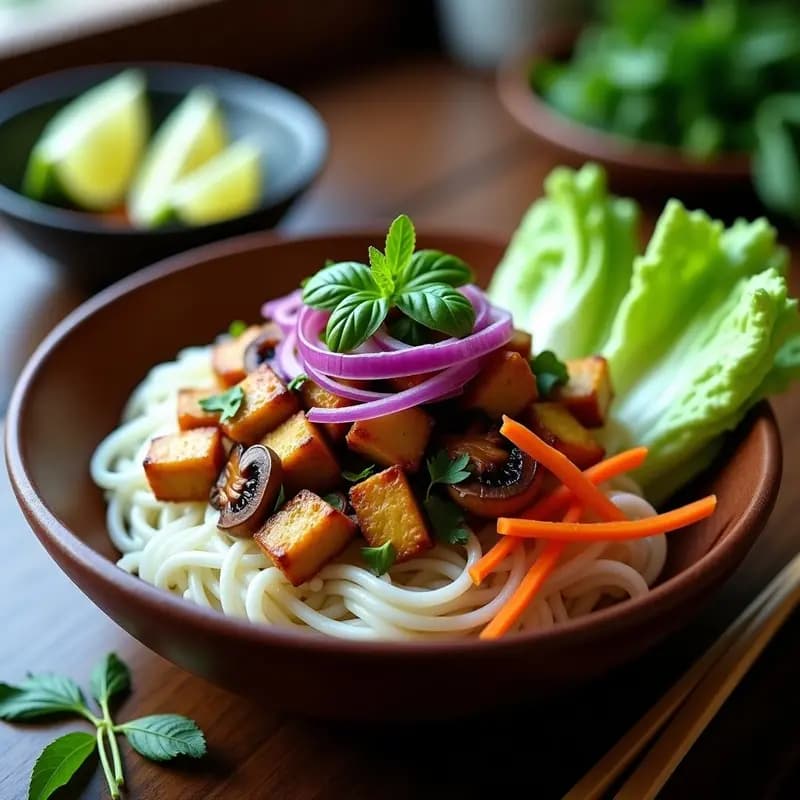 Plato colorido de Bun Cha Vietnamita vegano con fideos de arroz, trozos dorados de Seitán marinado, setas shiitake glaseadas, juliana de zanahoria y cebolla morada, acompañado de hierbas frescas como menta y cilantro sobre hojas de lechuga. Receta tradicional de Hanoi adaptada a versión vegana en sartén.