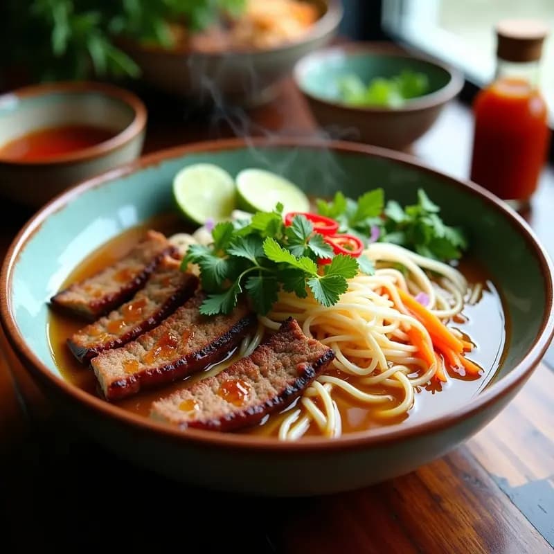 Plato tradicional vietnamita Bun Cha con trozos de carne de cerdo a la parrilla, fideos de arroz blancos, hierbas frescas como menta y cilantro, brotes de soja y rodajas de cebolla morada, servido con caldo dorado y gajos de limón.