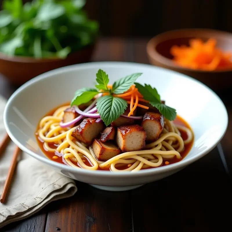 Bowl de cerámica blanca con Bcína Viet Namita: fideos de arroz gruesos, trozos de cerdo estofado en salsa de tamarindo, hierbas frescas vietnamitas (menta, cilantro, perilla), cebolla morada y zanahoria en juliana. Plato tradicional vietnamita en presentación colorida y apetitosa.