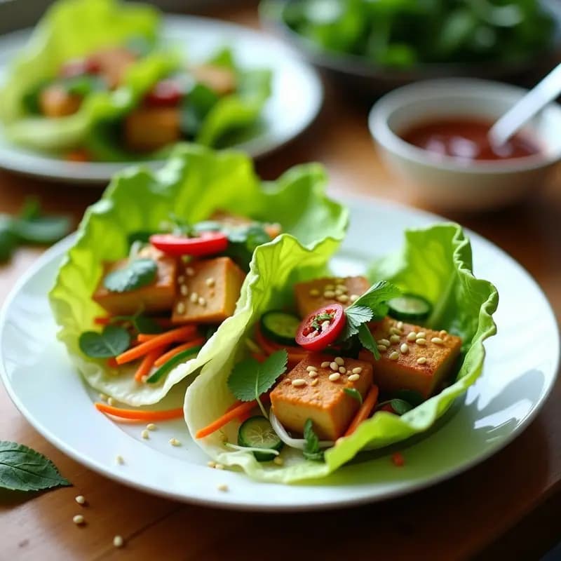 Rollitos frescos de lechuga romana rellenos de tofu dorado, fideos de arroz, zanahoria juliana, pepino y hierbas vietnamitas, servidos en un plato de cerámica blanca con salsa de tamarindo y semillas de sésamo espolvoreadas. Receta de Bun Cha vietnamita en rollito de lechuga sin gluten.