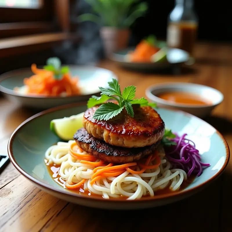 Plato vibrante de Bún Chả Vieta con hamburguesa de cerdo a la parrilla dorada sobre fideos de arroz blancos, acompañada de hierbas frescas, zanahoria juliana, pepino y huevo de codorniz, con semillas de sésamo espolvoreadas.