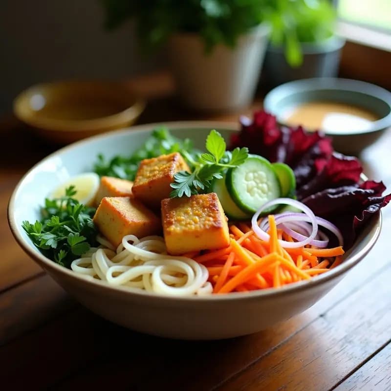 Bowl colorido de Bun Chao Vietnamita con tofu marinado dorado y crujiente, fideos de arroz blancos, hierbas frescas (cilantro, menta y perilla), zanahoria juliana, pepino en rodajas y cebolla morada, acompañado de salsa dulce y ácida.