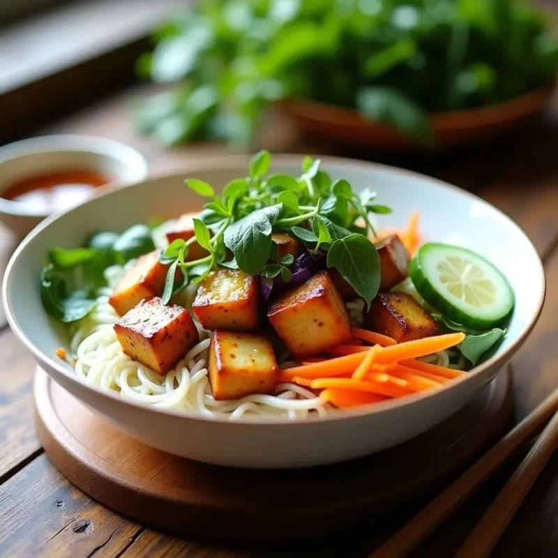 Plato colorido de Bun Chay Vegano con tofu dorado crujiente, vermicelli de arroz, zanahoria morada, pepino y hierbas frescas como menta y cilantro, acompañado de salsa nuoc cham en un bol aparte. Receta vietnamita ligera y detox.
