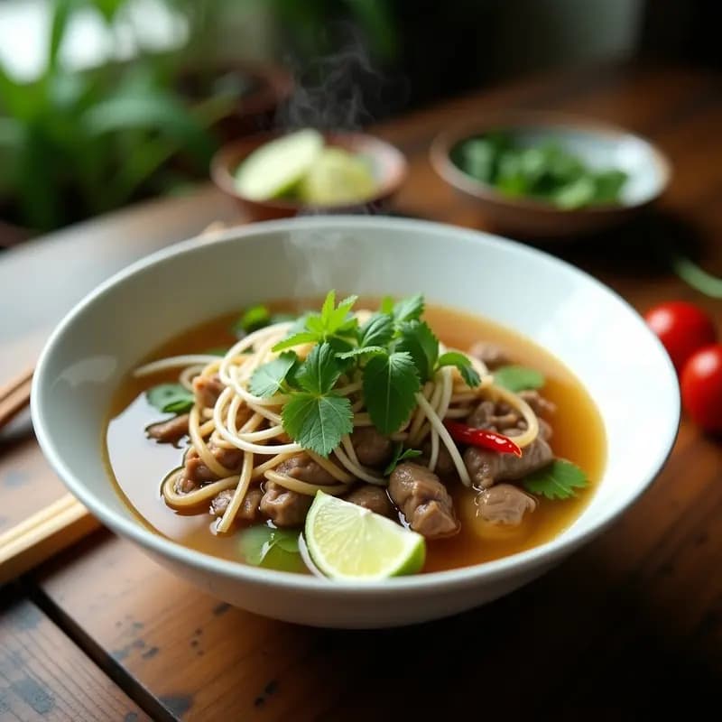 Bol hondo de cerámica blanca con Bun Riap de ternera en caldo dorado y aromático, fideos de arroz gruesos, hierbas frescas como menta y cilantro, brotes de soja y rodajas de chile rojo. Receta tradicional vietnamita en olla exprés.