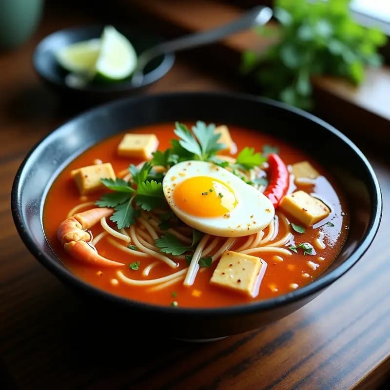 Cuenco hondo de cerámica negra con Bun Rieu de cangrejo y tofu: fideos de arroz gruesos, trozos de cangrejo, tofu dorado, huevo de codorniz cocido, brotes de soja, cebollino y cilantro fresco. Caldo rojo intenso con especias flotando, decorado con rodajas de chile. Plato tradicional vietnamita picante y alto en proteína.