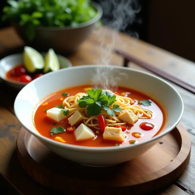Cuenco hondo de cerámica blanca con Bun Rieu vietnamita: sopa de cangrejo y tomate con fideos de arroz gruesos, trozos de carne de cangrejo, huevos de cangrejo en hilo, tomates rojos, hierbas frescas como cilantro y menta, y rodajas de chile. Caldo dorado y aromático con burbujas finas.