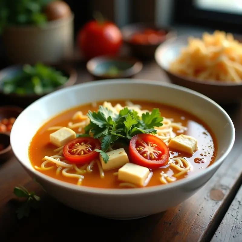 Bol hondo de cerámica blanca lleno de sopa Bun Rieu vegana con fideos de arroz gruesos, cubos de tofu sedoso, trozos de tomate y hierbas frescas como cilantro y menta. El caldo es de color ámbar claro con un brillo ácido, decorado con rodajas de chile rojo y gajos de lima al lado.