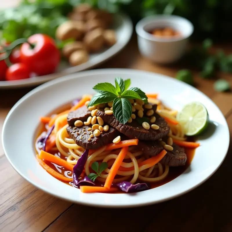 Plato hondo blanco con fideos de arroz bun, ternera salteada en tiras doradas, zanahoria, pimiento rojo y brócoli crujientes, decorado con menta fresca y cacahuetes picados. Receta vietnamita Bun Xao de ternera con verduras en wok.