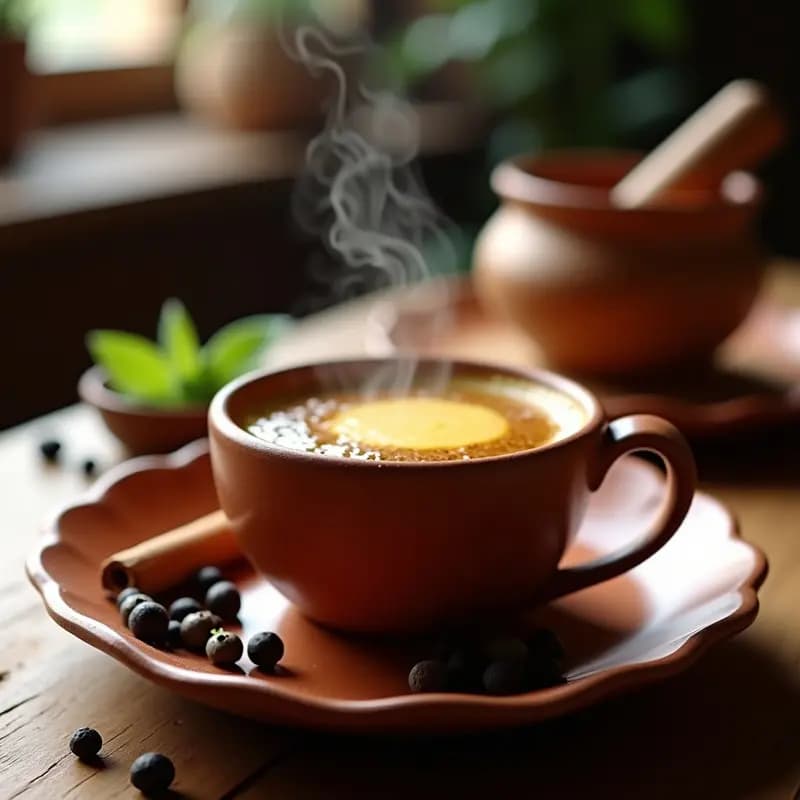 Taza de barro tradicional etíope con Buna de café oscuro, especias flotantes y una capa dorada de mantequilla clarificada (ghee) en la superficie. Fondos borrosos con granos de café y ramitas de canela.