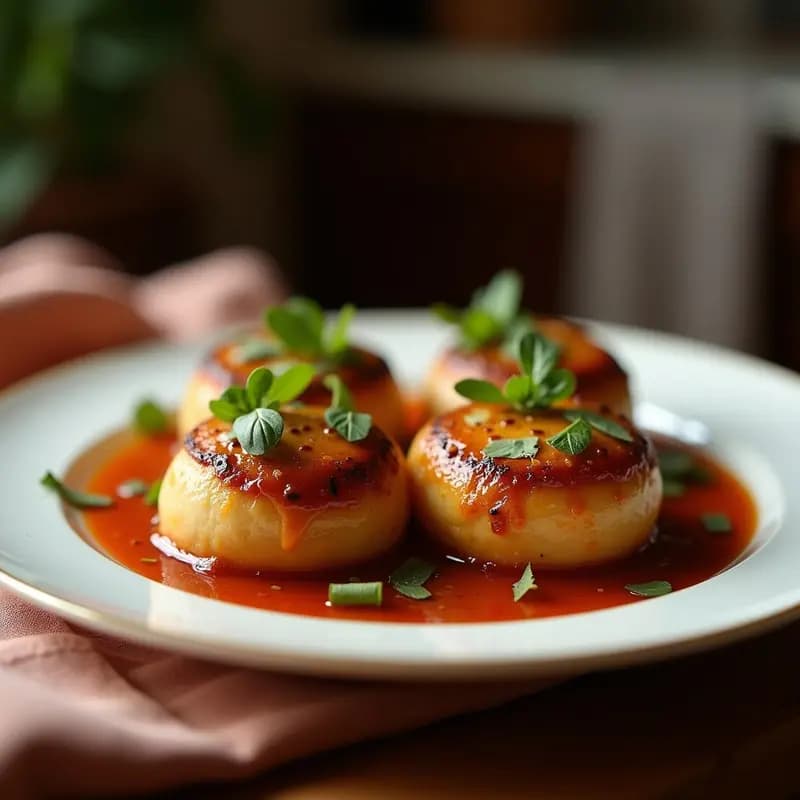 Bunalit de morcilla y queso de cabra, receta filipina tradicional al horno, envueltos en hojas de plátano doradas, servidos en bandeja de madera con salsa de vinagre y chile al lado.