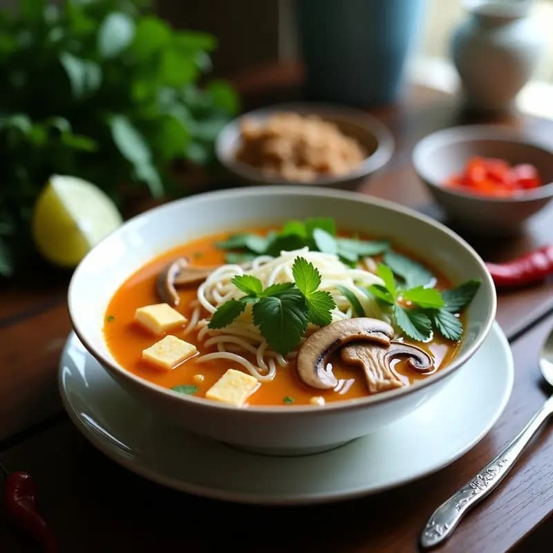 Cuenco hondo de cerámica oscura con BunBo Hue Vegana: caldo rojizo aromático, vermicelli de arroz, tofu dorado en cubos, brotes de soja y hierbas frescas (menta, cilantro y perilla) esparcidas por encima. Acompañado de gajos de lima y pasta de chiles al lado.