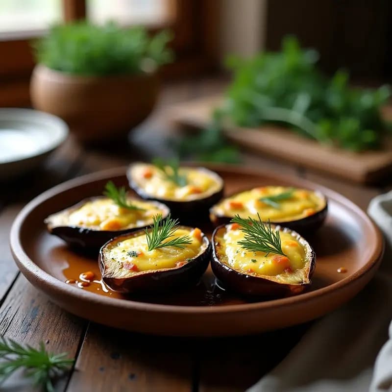 Rodajas de berenjena asadas en airfryer cubiertas con queso telemea dorado y almendras fileteadas tostadas, servidas en plato rústico de barro. Receta rumana de bunce sin masa, crujiente y alta en proteína.