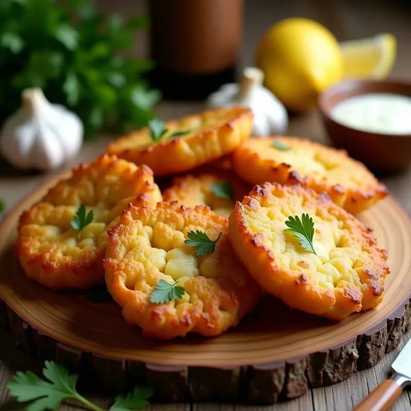 Bunos de bacalao dorados y crujientes en una fuente de cerámica blanca, con hojas de perejil fresco y dientes de ajo enteros como decoración. Receta portuguesa tradicional en airfryer sin lactosa.