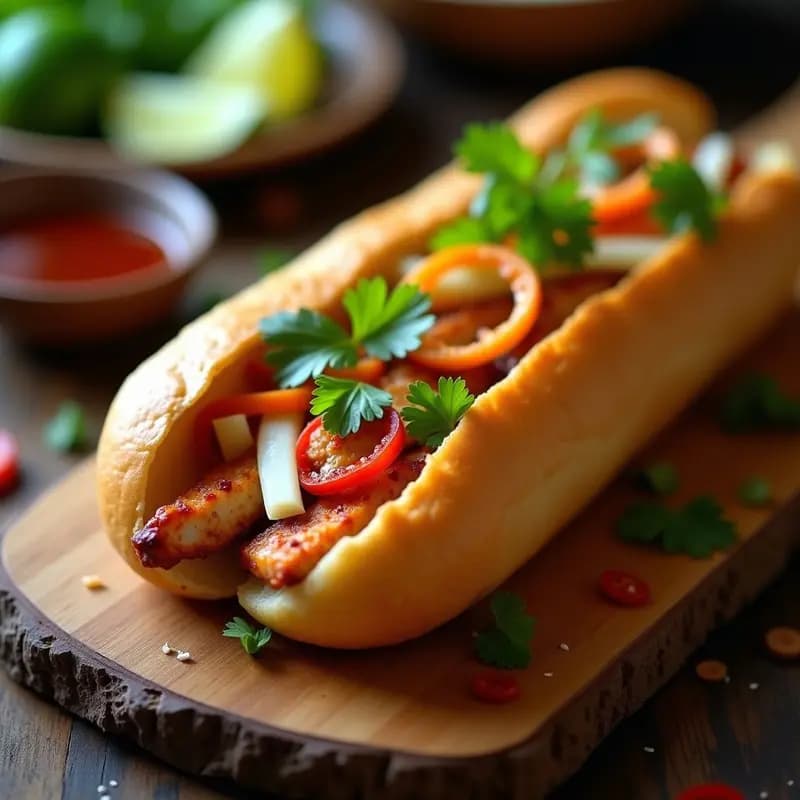 Bunri Vietnamese Sandwich con baguette crujiente dorada rellena de pollo marinado en lemongrass, encurtidos de daikon y zanahoria, cilantro fresco y rodajas de chile rojo, servido sobre una tabla de madera rústica.