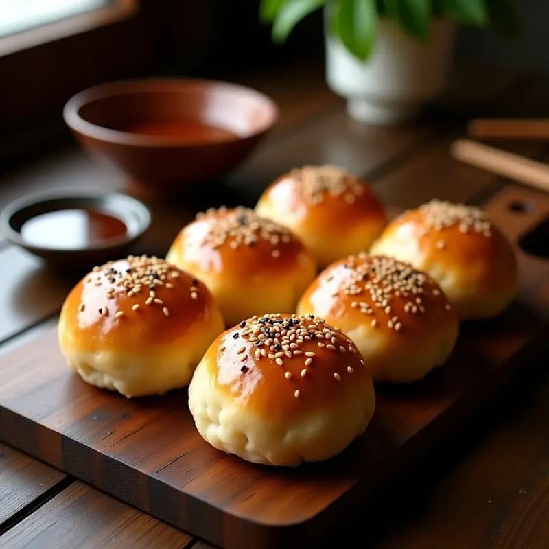 Buns de pan de arroz dorados y esponjosos rellenos de pollo teriyaki, servidos en un plato de madera con semillas de sésamo y cebollino. Receta japonesa sin gluten en airfryer.