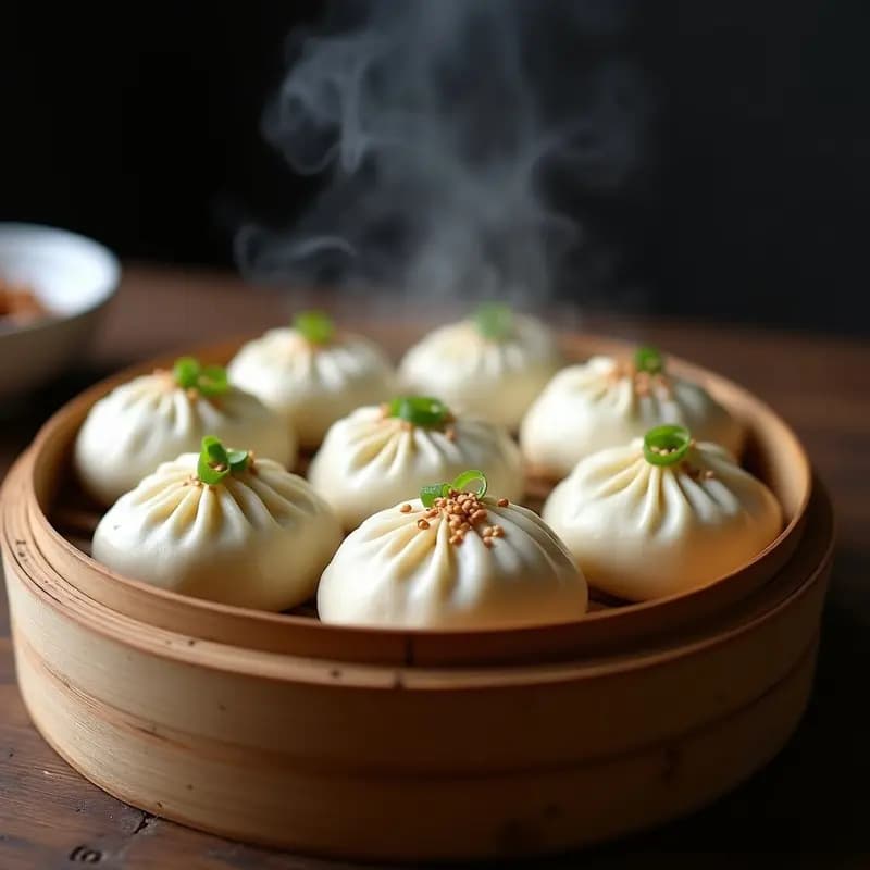Buns chinos al vapor de cerdo y shitake servidos en una vaporera de bambú, con masa esponjosa y relleno jugoso, decorados con cebollino y semillas de sésamo.