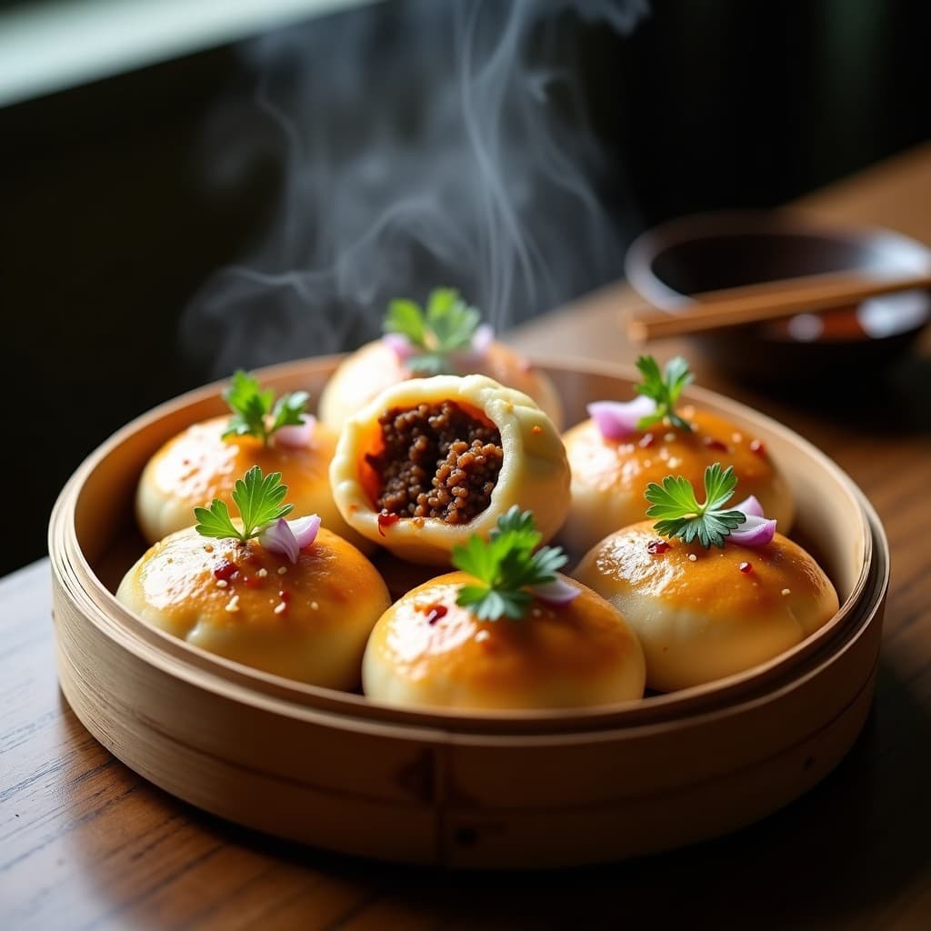 Buns de coliflor al vapor dorados y esponjosos, abiertos por la mitad y rellenos de cerdo picante jugoso con trozos de cebolla morada y cilantro fresco, servidos en una vaporera de bambú sobre fondo oscuro.