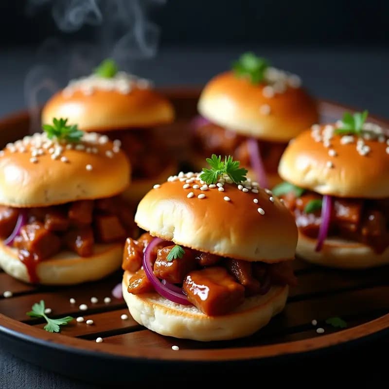 Buns japoneses dorados y esponjosos rellenos de cerdo desmenuzado jugoso con salsa hoisin, acompañados de cebolla morada encurtida y semillas de sésamo, servidos en una bandeja de bambú sobre fondo oscuro.