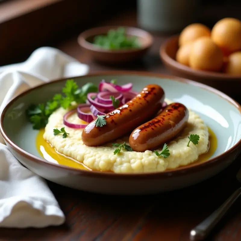 Plato alemán Bunter Teller keto con puré de coliflor cremoso de color beige claro, dos salchichas Bratwurst doradas y cebolla morada caramelizada en juliana, decorado con perejil fresco y un hilo de aceite de oliva.