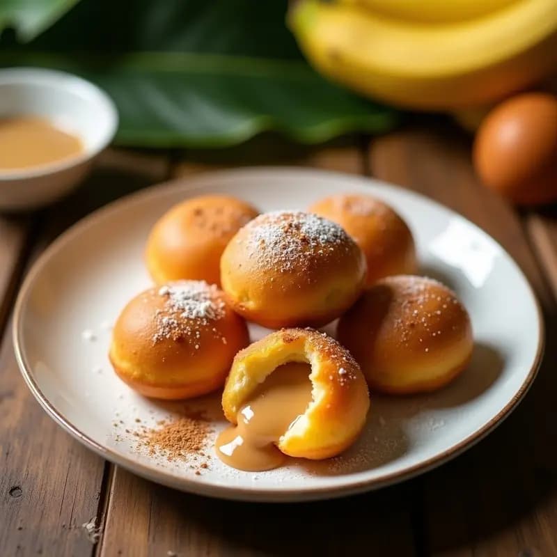 Bunuelos de viento colombianos dorados y esponjosos en una fuente de cerámica blanca, rellenos de arequipe que asoma por un costado, espolvoreados con azúcar glass y canela, sobre un fondo rústico de madera con hojas de plátano.