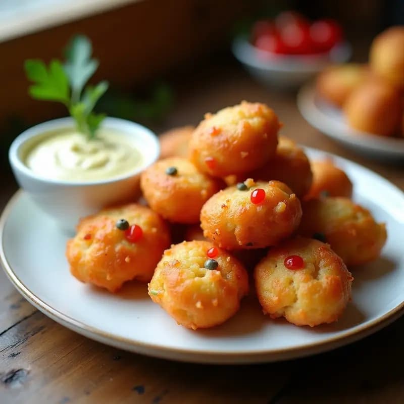 Plato blanco con buñuelos de bacalao dorados y crujientes, rellenos de pimientos del piquillo, aperitivo navideño tradicional español sobre fondo rústico de madera.