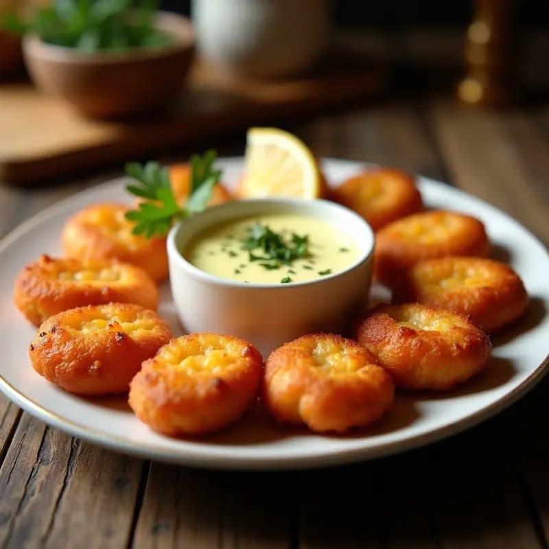 Plato blanco con buñuelos de bacalao dorados y crujientes, servidos con un bol pequeño de salsa alioli cremosa y una rodaja de limón. Receta andaluza tradicional de buñuelos de bacalao con salsa alioli.