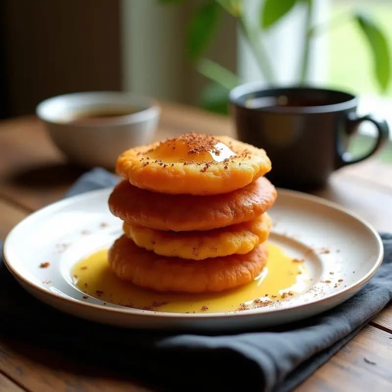 Buñuelos dorados de camote y cúrcuma con glaseado brillante de stevia, servidos en un plato de cerámica blanca sobre fondo rústico de madera, postre colombiano keto en airfryer.