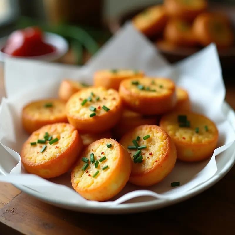 Plato blanco con buñuelos colombianos de queso de yuca dorados y crujientes, servidos sobre papel absorbente con cebollín picado espolvoreado y un toque de pimentón. Receta sin harina de trigo.