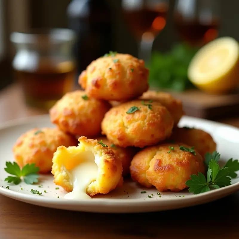 Buñuelos colombianos de queso y yuca dorados y crujientes, servidos en un plato de madera con salsa hogao y cilantro fresco, perfectos para Navidad.