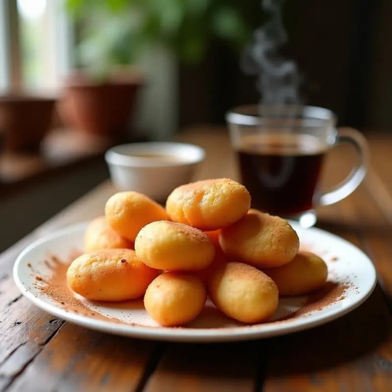 Buñuelos dorados y esponjosos de harina de almendra y canela keto, dispuestos en una fuente de cerámica blanca con espolvoreado de canela, servidos sobre una mesa rústica de madera con un café humeante al fondo.