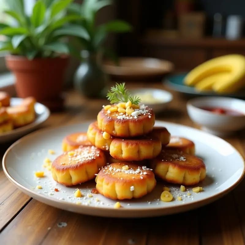 Buñuelos dorados y esponjosos de harina de coco y plátano macho, apilados en un plato de cerámica blanca con coco rallado espolvoreado, servidos sobre una mesa de madera rústica con hojas de plátano de decoración. Receta colombiana sin gluten en airfryer.