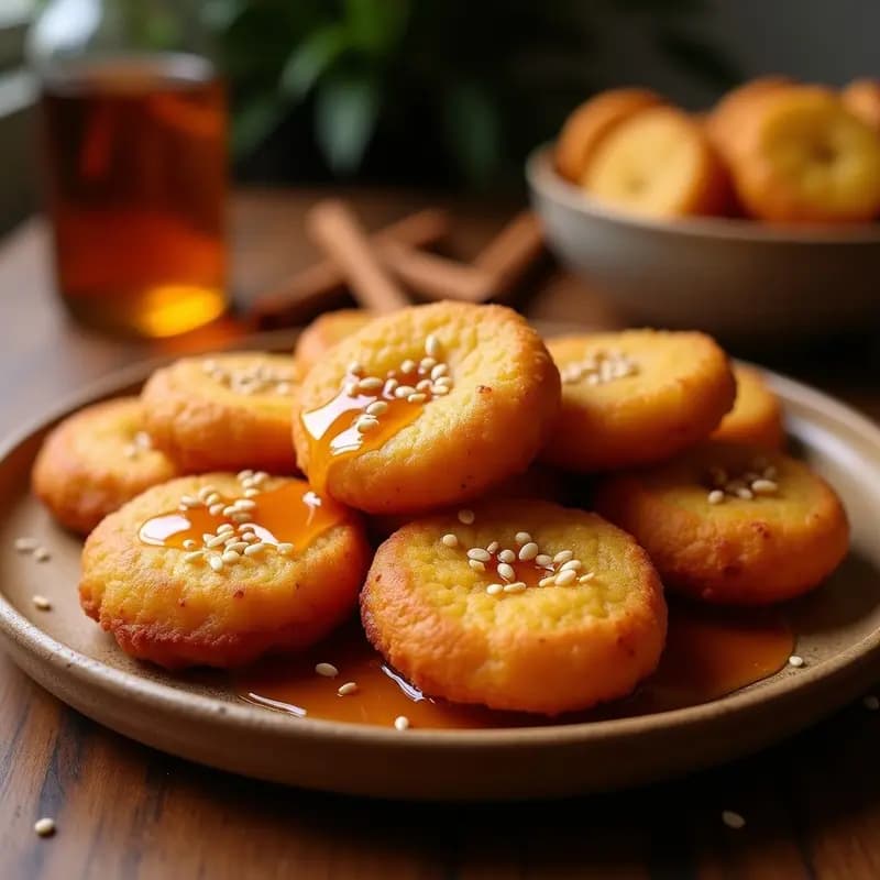 Buñuelos dorados y crujientes de plátano macho y canela en airfryer, servidos en un plato de madera con un hilo de miel de agave y semillas de sésamo, fondo rústico con especias.