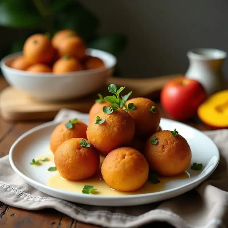 Plato blanco con buñuelos dorados de plátano macho y cacao, esponjosos por dentro, acompañados de salsa de mango fresca en un bol pequeño. Decorados con semillas de chía y hojas de menta, sobre una mesa rústica de madera.