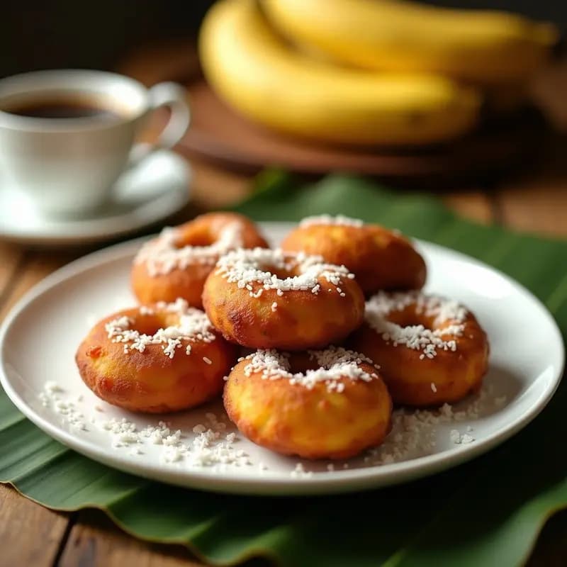 Bunuelos dorados y crujientes de plátano macho y canela, servidos en un plato de cerámica blanca con coco rallado espolvoreado, fondo de hojas de banana y una taza de café filipino.