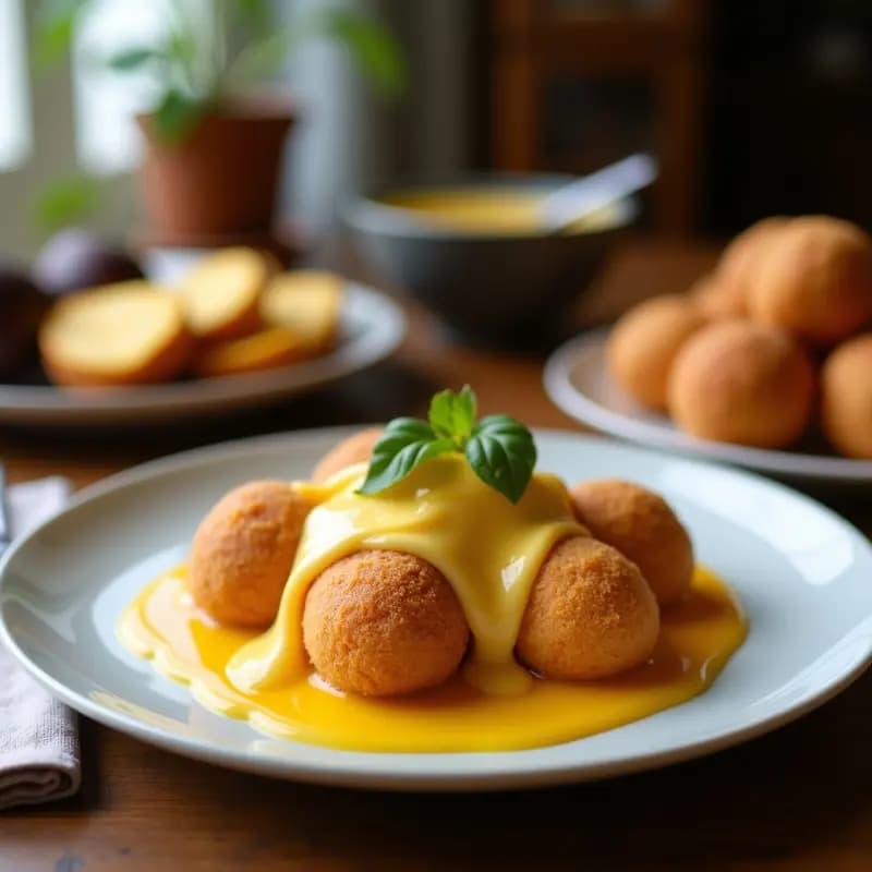 Buñuelos dorados de plátano y queso de hebra con sirope de guayaba brillante, servidos en un plato de cerámica blanca con fondo rústico de madera. Postre colombiano crujiente y gourmet preparado en airfryer.