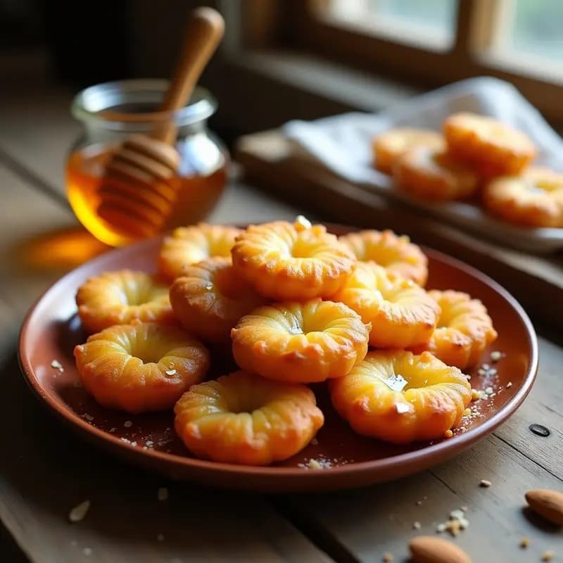 Buñuelos dorados y crujientes de queso de almendras con miel de agave, servidos en un plato rústico de barro con un hilo de miel goteando sobre ellos. Receta keto colombiana en airfryer.