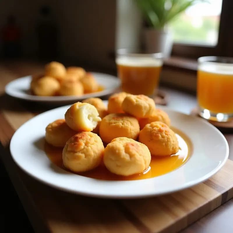 Buñuelos de Queso Brie y Mermelada de Arándanos con Sirope de Miel: Aperitivo Dulce-Salado Irresistible
