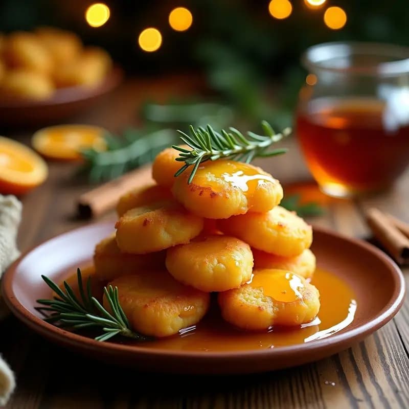 Buñuelos dorados y esponjosos de queso de cabra con miel de romerito, decorados con almendras fileteadas y romero fresco sobre un plato rústico de cerámica negra, con un hilo de miel brillando bajo luz navideña.